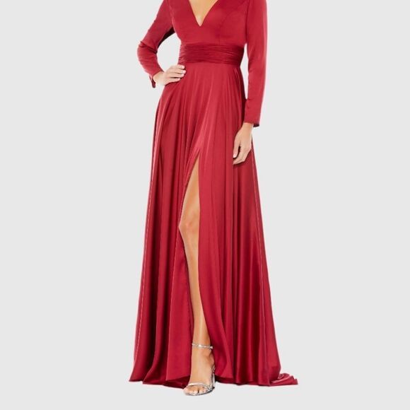 Ieena for Mac Duggal Red Long Sleeve Ruched Waist A-Line Gown Maxi Dress 10 NEW - Picture 7 of 13